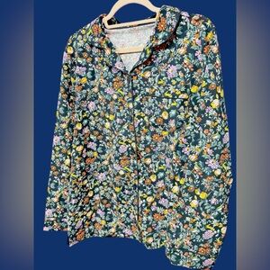 Vera Bradley pajama top button front shirt green floral fox rabbit forest friend
